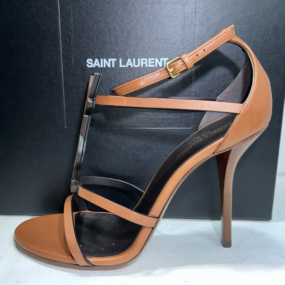 SAINT LAURENT CASSANDRA 100 SANDAL METAL YSL LOGO BROWN LEATHER SZ 39.5 NEW! - Picture 3 of 16